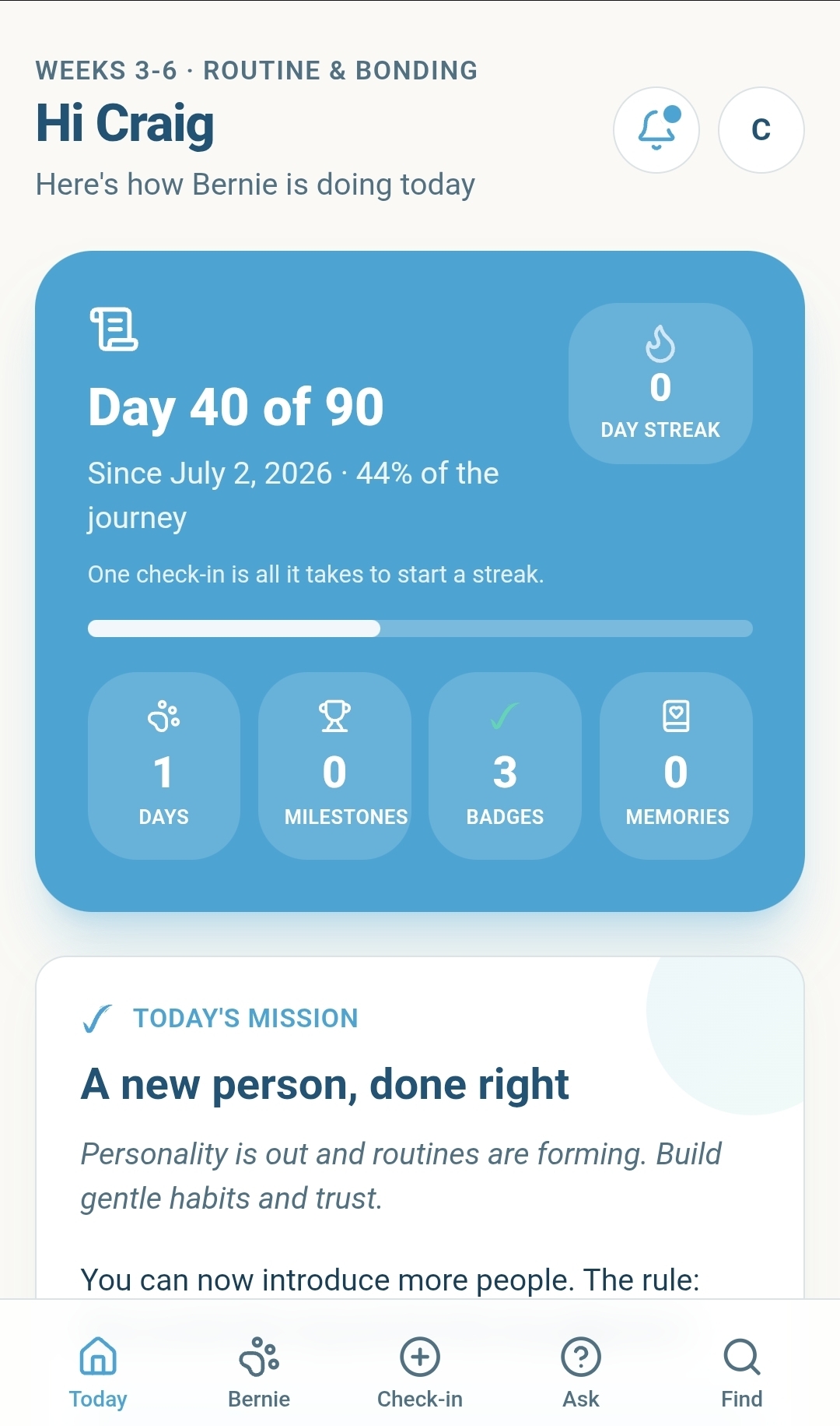 The PuppyPal app showing day 40 of the 90-day journey and today's mission for a rescue dog